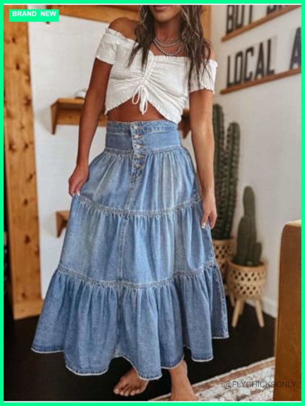 High Waist Denim Maxi Skirt Button Boho Flowy Pleated Tiered Ruffle Swing - Picture 5 of 6